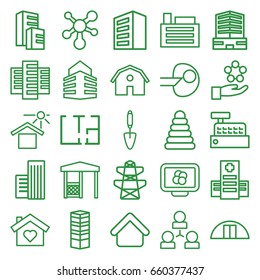 Structure icons set. set of 25 structure outline icons such as house building, business centre, building, barn, pyramid, business center, pylon, trowel, gazebo, hospital