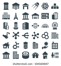 Structure icons. set of 36 editable filled structure icons such as building, barn, house building, eiffel tower, hands washing, atom, atom interaction, bank, home, hospital