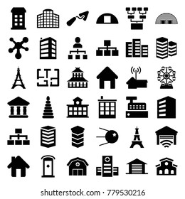 Structure icons. set of 36 editable filled structure icons such as building, house building, temple, eiffel tower, trowel, hospital, core, cargo barn, bank, home, garage, plan