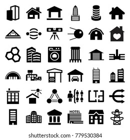 Structure icons. set of 36 editable filled structure icons such as building   isolated  sign symbol, barn, building, house, level ruler, pylon, bank, gazebo, core