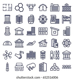 Structure icons set. set of 36 structure outline icons such as plan, modern curved building, building, barn, house building, hands washing, cargo barn, house builidng