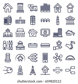 Structure icons set. set of 36 structure outline icons such as barn, building, business centre, business center, temple, eiffel tower, structure, hands washing, bank, hospital
