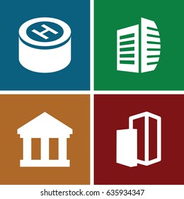 Structure icons set. set of 4 structure filled icons such as business center, building, hospital