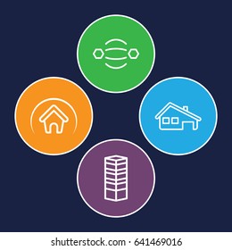 Structure icons set. set of 4 structure outline icons such as business centre, house building, home