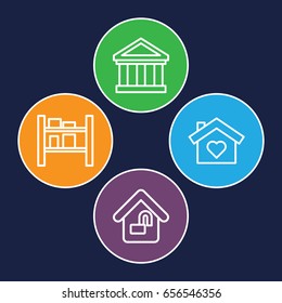 Structure icons set. set of 4 structure outline icons such as cargo barn, home lock, bank