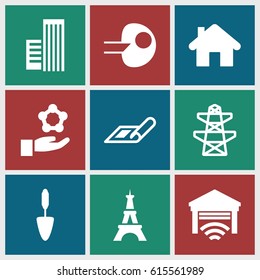 Structure icons set. set of 9 structure filled icons such as plan, Eiffel Tower, pylon, trowel, garage, building, core, atom in hand