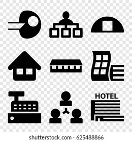 Structure icons set. set of 9 structure filled icons such as modern curved building, barn, structure, cargo barn, home, hotel, building