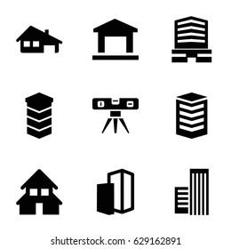 Structure icons set. set of 9 structure filled icons such as business center, level ruler, house building