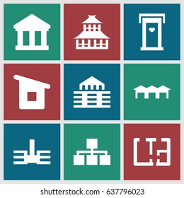 Structure icons set. set of 9 structure filled icons such as door with heart, temple, house building, building, garage, plan, bank