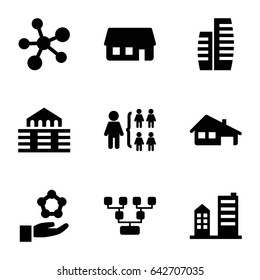 Structure icons set. set of 9 structure filled icons such as house building, building, atom