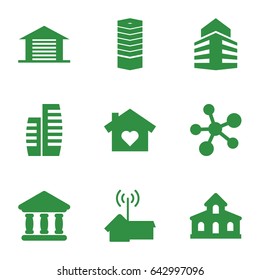 Structure icons set. set of 9 structure filled icons such as building, business centre, bank, garage, home signal, atom