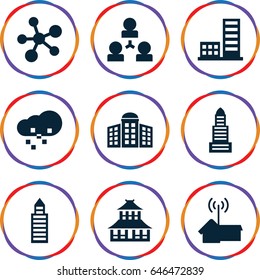 Structure icons set. set of 9 structure filled icons such as building   isolated  sign symbol, business center, temple, building, home signal, defragmentation, atom
