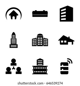 Structure icons set. set of 9 structure filled icons such as barn, building, building   isolated  sign symbol, business center, house building, home, server
