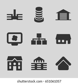 Structure icons set. set of 9 structure filled icons such as house building, house, building, garage, atom on display