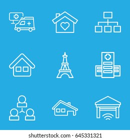 Structure icons set. set of 9 structure outline icons such as eiffel tower, hospital, structure, home, house building, garage