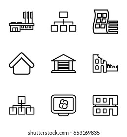 Structure icons set. set of 9 structure outline icons such as modern curved building, house building, structure, house builidng, garage, broken house, atom on display