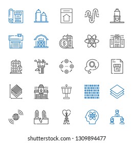 structure icons set. Collection of structure with atom, eiffel tower, earthquake, earth grid, layer, binary code, control tower, fire station. Editable and scalable structure icons.