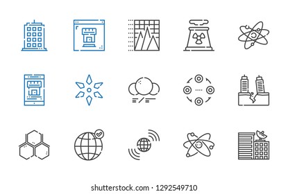 structure icons set. Collection of structure with building, atom, earth grid, molecule, earthquake, science, real estate, nuclear plant. Editable and scalable structure icons.