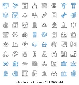 structure icons set. Collection of structure with building, museum, molecule, real estate, pyramid chart, parthenon, blueprint, hierarchical structure. Editable and scalable structure icons.