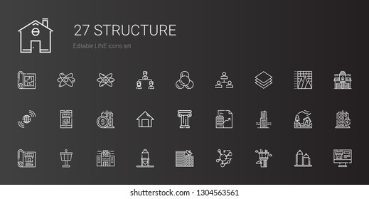 structure icons set. Collection of structure with control tower, molecule, building, silo, hospital, blueprint, real estate, architecture. Editable and scalable structure icons.