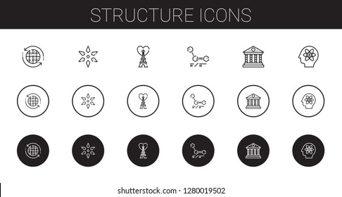 structure icons set. Collection of structure with earth grid, science, eiffel tower, molecules, parthenon, atom. Editable and scalable structure icons.