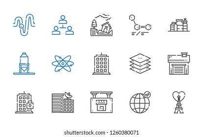 structure icons set. Collection of structure with eiffel tower, earth grid, real estate, building, garage, layers, atomic, silo, proteins. Editable and scalable structure icons.