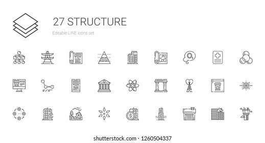 structure icons set. Collection of structure with garage, building, science, earthquake, eiffel tower, museum, atom, parthenon, real estate. Editable and scalable structure icons.