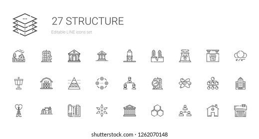 structure icons set. Collection of structure with hierarchical structure, molecule, parthenon, science, blueprint, proteins, eiffel tower. Editable and scalable structure icons.