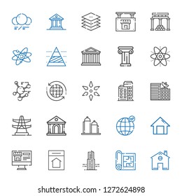 structure icons set. Collection of structure with home, blueprint, building, real estate, earth grid, silo, museum, electric tower, science. Editable and scalable structure icons.