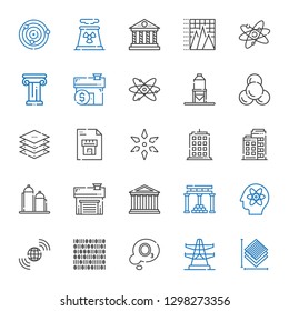 structure icons set. Collection of structure with layers, electric tower, ozone, binary code, earth grid, atom, temple of apollo, parthenon. Editable and scalable structure icons.