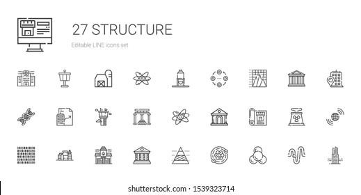 structure icons set. Collection of structure with molecule, atoms, pyramid chart, parthenon, fire station, proteins, binary code, blueprint. Editable and scalable structure icons.