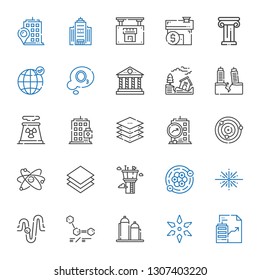 structure icons set. Collection of structure with real estate, science, silo, molecules, physics, big bang, atoms, control tower, layer. Editable and scalable structure icons.