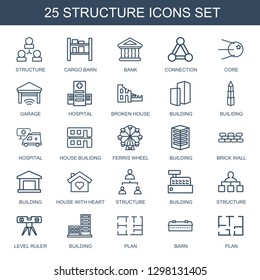 structure icons. Trendy 25 structure icons. Contain icons such as cargo barn, bank, connection, core, garage, hospital, broken house, building. structure icon for web and mobile.