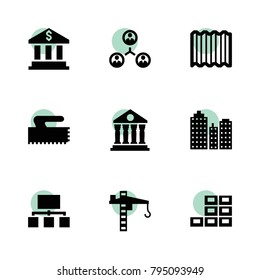 Structure icons. vector collection filled structure icons set.. includes symbols such as bank, structure, building, roof, tower crane. use for web, mobile and ui design.