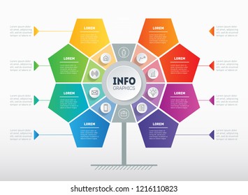 Structure of interaction. Business presentation or infographics with 8 options. Web Template of tree, info chart or diagram. Vector info graphic of technology or education process with 8 steps.
