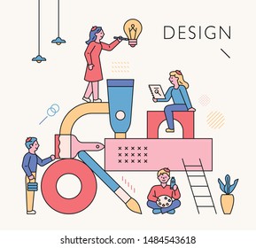 Estructura hecha de material artístico. Gente diseñando a su alrededor. ilustración vectorial mínima de diseño plano.