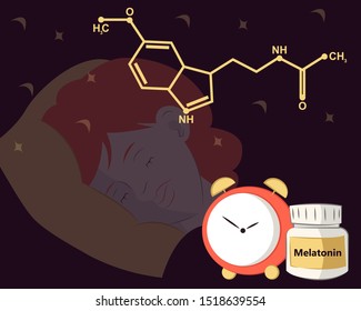 the structure of melatonin, the girl sleeps after taking melatonin, an alarm clock, a jar of pills, treatment for insomnia, pills for sleepless nights