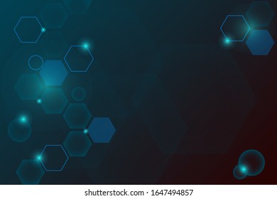 Structure molecule and communication. Dna, atom, neurons. Scientific concept for your design. Connected hexagon with light. Medical, technology, chemistry, science background. Vector illustration.