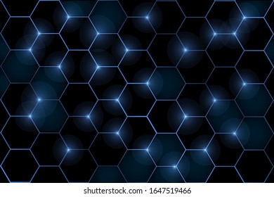 Structure molecule and communication. Dna, atom, neurons. Scientific concept for your design. Connected hexagon with light. Medical, technology, chemistry, science background. Vector illustration.