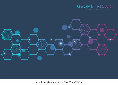 Estructura molécula y comunicación. Adn, átomo, neuronas. Concepto científico para su diseño. Líneas conectadas con puntos. Medicina, tecnología, química, ciencias. Ilustración vectorial.