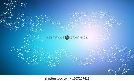 Molécula de estructura y comunicación. Adn, átomo, neuronas. Concepto científico para su diseño. Líneas conectadas con puntos. Medicina, tecnología, química, formación científica. Ilustración vectorial.
