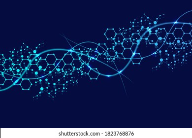 Structure molecule and communication. Dna, atom, neurons. Scientific concept for your design. Connected lines with dots. Medical, technology, chemistry, science background. Vector illustration.