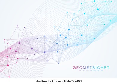 Molécula de estructura y comunicación. Adn, átomo, neuronas. Concepto científico para su diseño. Líneas conectadas con puntos. Medicina, tecnología, química, formación científica. Ilustración vectorial.