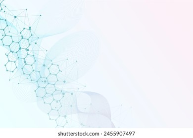 Estructura, molécula y comunicación. Adn, átomo, neuronas. Concepto científico para su diseño. Líneas conectadas con puntos. Medicina, tecnología, química, formación científica. Ilustración vectorial