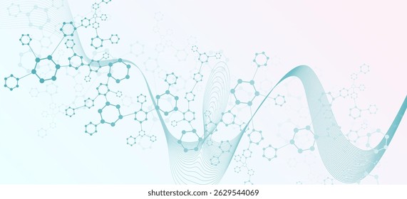 Molécula de estrutura e comunicação. Dna, átomo, neurônios. Conceito científico para o seu projeto. Linhas conectadas com pontos. Medicina, tecnologia, química, formação científica. Ilustração vetorial