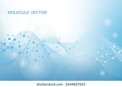 Molécula de estrutura e comunicação. Dna, átomo, neurônios. Conceito científico para o seu projeto. Linhas conectadas com pontos. Medicina, tecnologia, química, formação científica. Ilustração vetorial