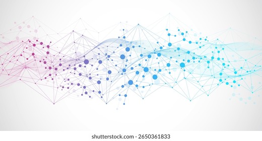 Molécula de estrutura e comunicação Dna, átomo, neurônios. Conceito científico para o seu design. Linhas conectadas com pontos. Medicina, tecnologia, química, formação científica. Ilustração vetorial.