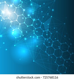 Structure molecule and communication. Dna, atom, neurons. Scientific concept for your design. Connected lines with dots. Medical, technology, chemistry, science background. Vector illustration