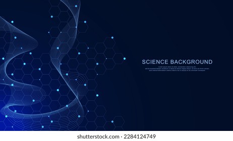 Structure molecule with wave flow for science, DNA, atom, neurons. Abstract blue medical, technology, chemistry background template design. Vector illustration.
