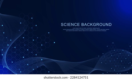 Structure molecule with wave flow for science, DNA, atom, neurons. Abstract blue medical, technology, chemistry background template design. Vector illustration.